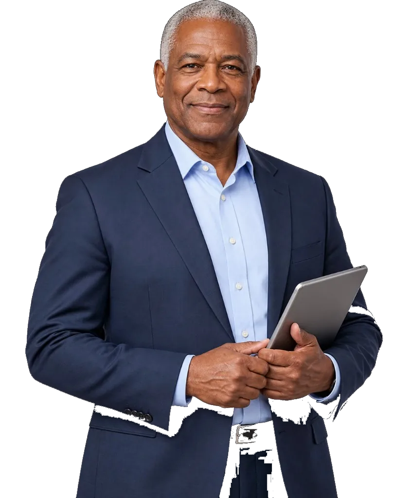 Hospital Executives Mature man, hospital executive in a suit holding a tablet and smiling