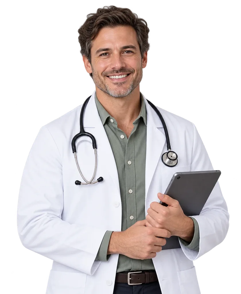 Prescribers and clinicians Smiling male doctor in a white coat with a stethoscope, holding a tablet