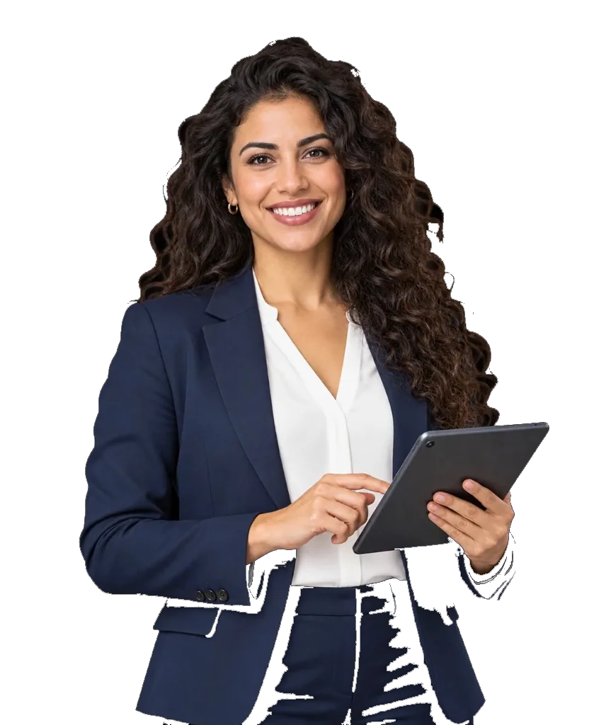 Sales Teams Black curly-haired young lady working in sales team and smiling while tapping on tablet.