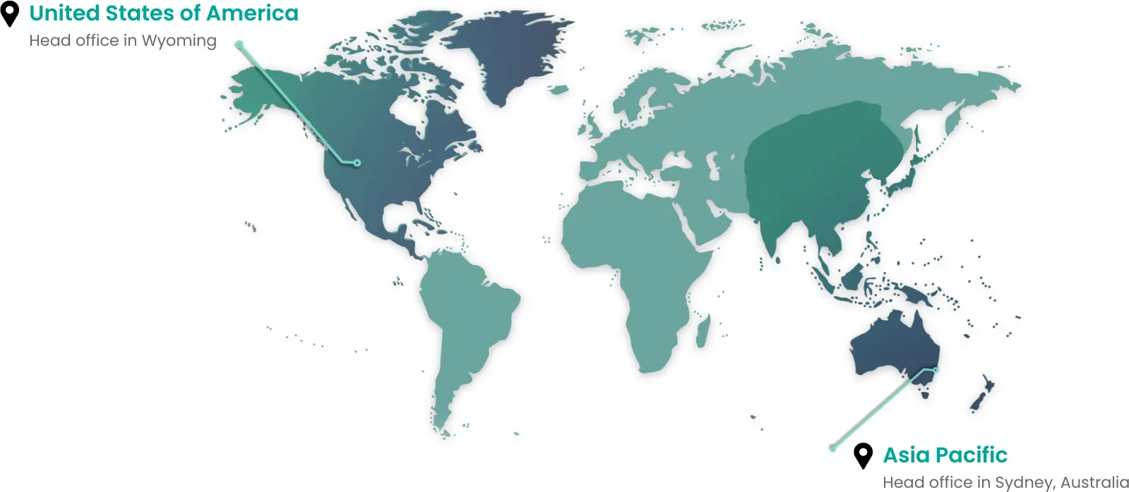 World map showing Healthtech Marketing Solutions head offices in Wyoming, United States of America, and Sydney, Australia (Asia Pacific)